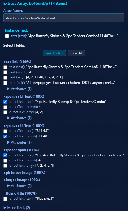 The array context menu opened from an index label, with the title, numeric price, and description fields checked.