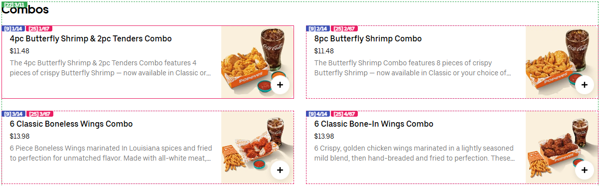 Array overlay on a Popeyes Combos menu: a green [22] label on the Combos heading, plus blue [9] and pink [25] index labels on each combo card.